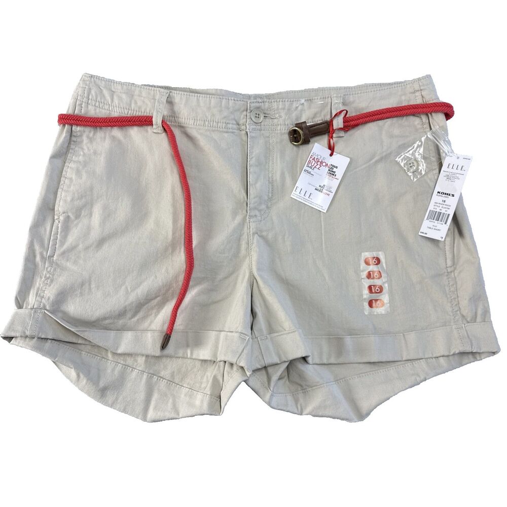 Elle Chino Shorts Womens Size 16 Stone Beige Removable Belt Stretch NWT